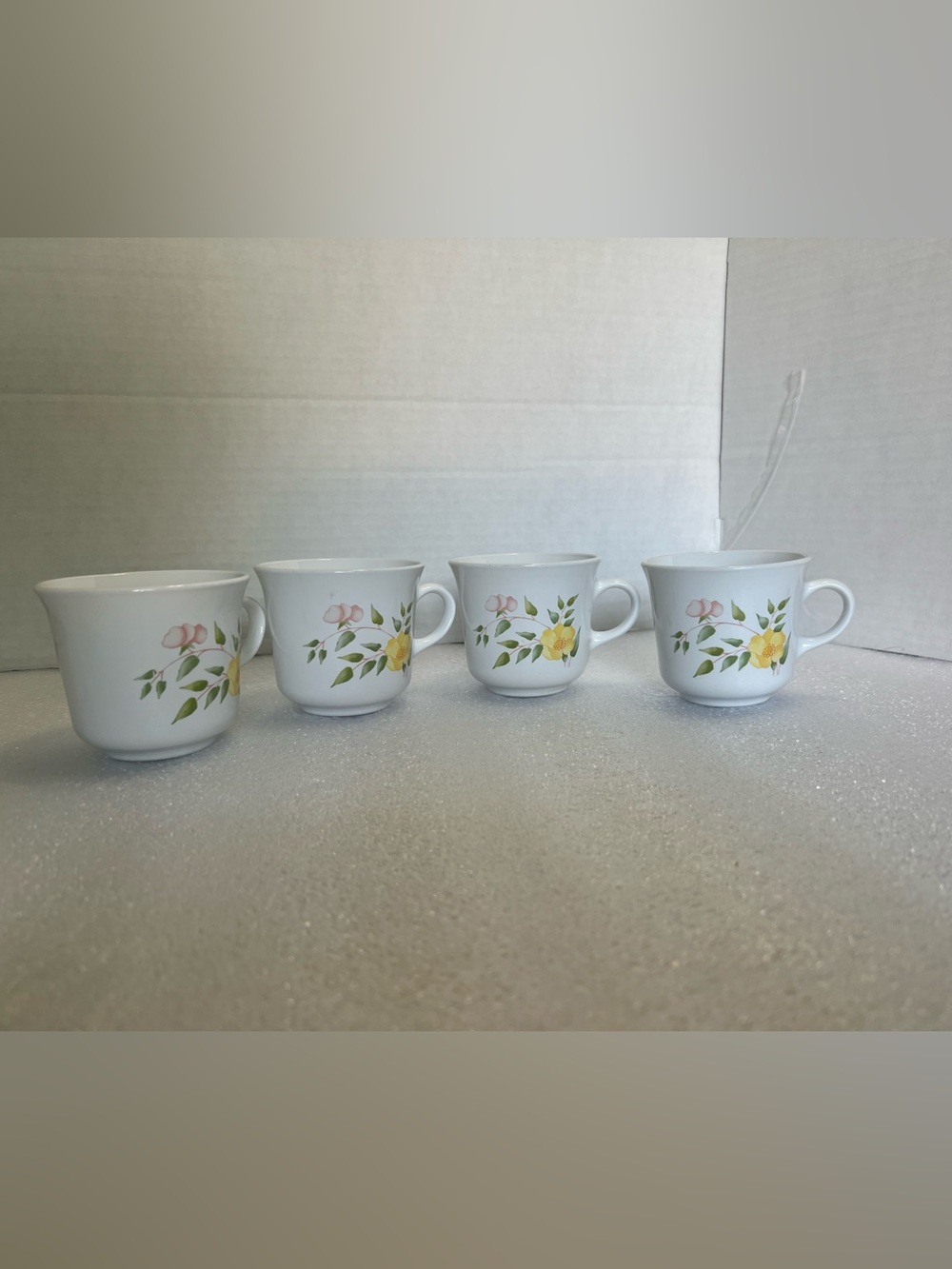 Corningware White Mugs with Yellow and Pink Floral Pattern - Set of 4